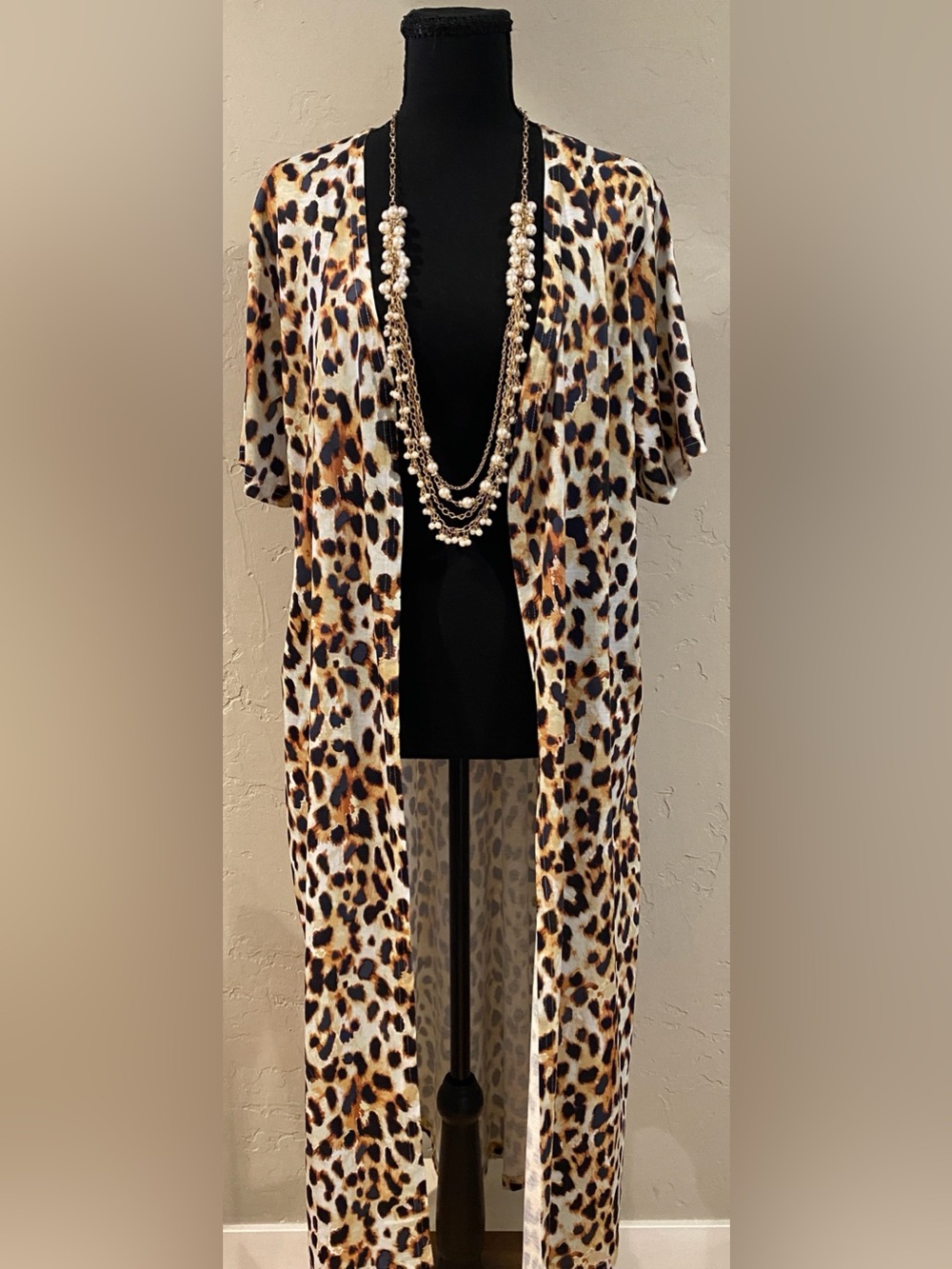 Lucky & Blessed Leopard duster w/ gold tone pearl beads. Sz L both NWT.